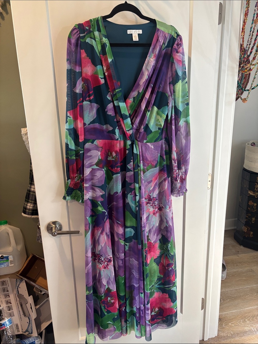 London Times Floral Wrap Maxi Robe - Purple, Green & Pink